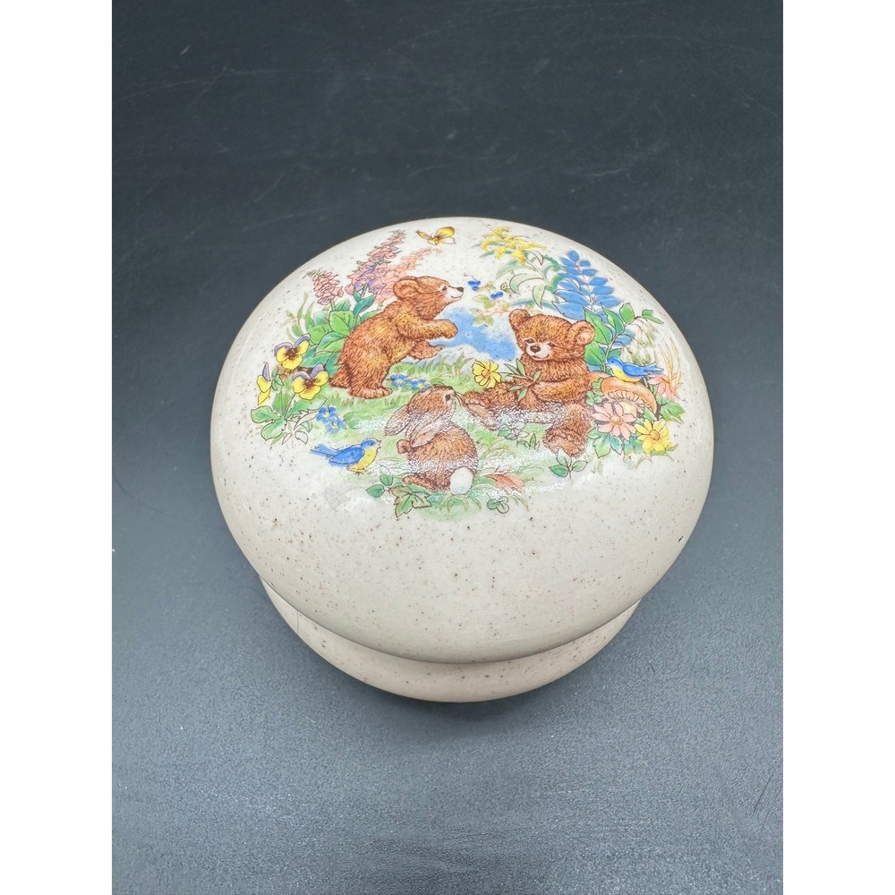 Vintage Ceramic Trinket Box Bears and Bunnies Woodland‎ Scene Signed Maureen
